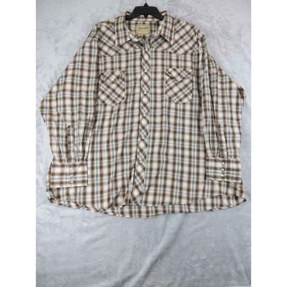 Wrangler Western Shirt Mens 3XL Pearl Snap Plaid Long Sleeve Brown Blue